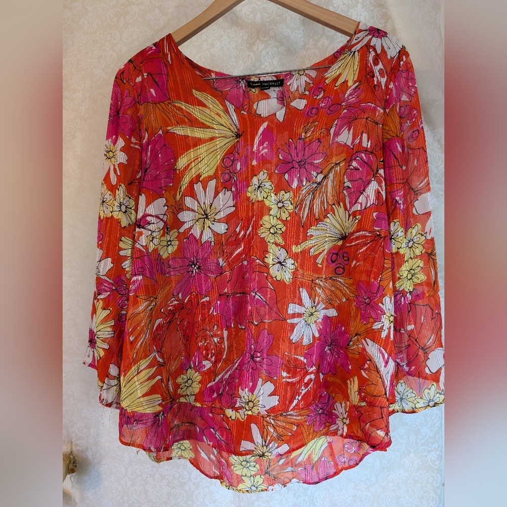 Sara Michelle Top Sz. Large Bright Orange Floral - Picture 16 of 16